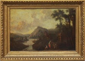 Rheinlandschaft Mit Figuren An Einem Brunnen Im Vordergrund