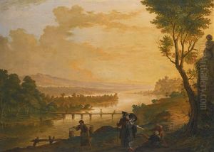 A River Landscape At Sunset, With Elegantly-dressed Figures Giving Alms To A Beggar
