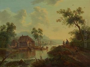 Paysage De Riviere Avec Des Bergers Et Une Barque (+ Paysage De Cascade Avec Des Bergers; Pair) by Christian Georg Schuetz the Elder
