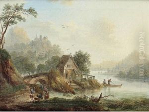 An Extensive River Landscape With Travellers Resting Before A Cottage (+ Travellers Before A Walled Town In An Italianate Landscape; Pair) by Christian Georg Schuetz the Younger