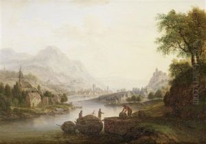 A Rhenish River Landscape With Figures Crossing A Bridge, A Town In The Distance; And A Rhenish River Landscape With Figures Loading A Barge (pair)