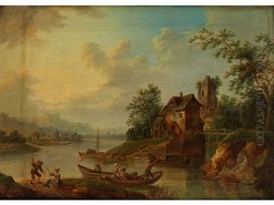 Hausergruppe Mit Ruinosem Turm An Einer Flussbiegung Mit Fischerkahnen Und Figurenstaffage