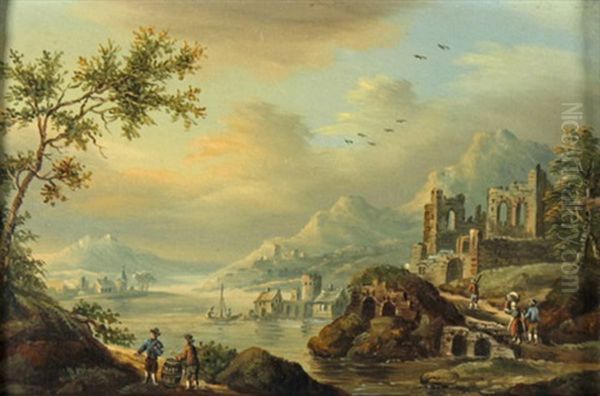 Fluslandschaft Mit Ruinen, Steinbrucke Und Staffagefiguren, Im Mittelgrund Inseln Mit Turmen Und Dorfer, Im Hintergrund Hohe Berge - view 1