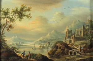 Fluslandschaft Mit Ruinen, Steinbrucke Und Staffagefiguren, Im Mittelgrund Inseln Mit Turmen Und Dorfer, Im Hintergrund Hohe Berge