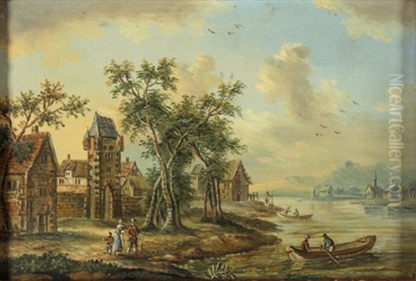 Flusslandschaft Mit Stadttor Und Hausern, Unter Den Hohen Baumen Figurenstaffage, Auf Dem Fluss Ruderboote, Am Gegenuberliegenden Ufer Ein Dorf Und Bergrucken - view 1