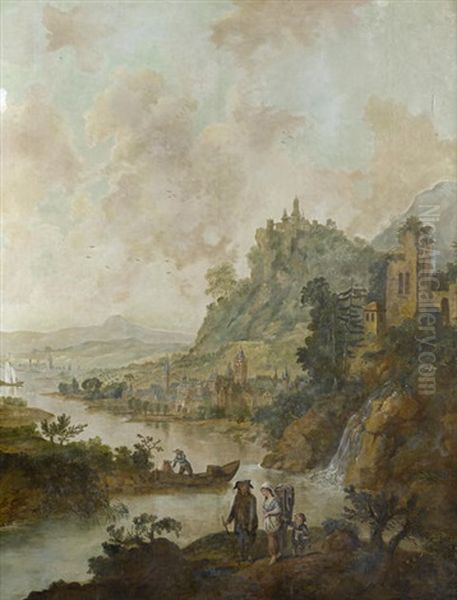 A Mountainous River Landscape With Travellers On A Path In The Foreground by Christian Georg Schuetz the Younger