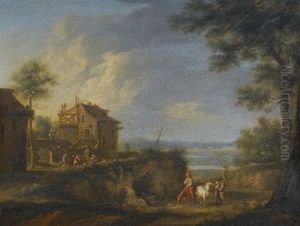 A Landscape With Peasants Watering Their Horses At The Stream (5 Works) by Christian Georg Schuetz the Younger