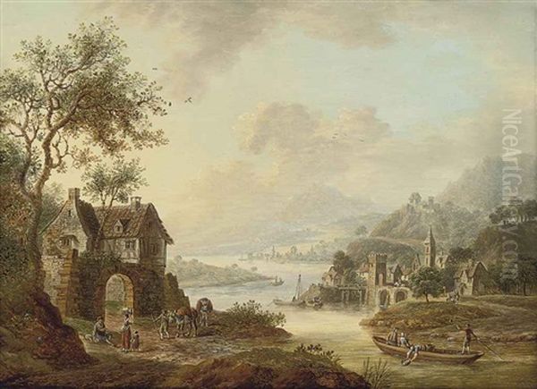 An Extensive Rhenish River Landscape With Figures Beside A Ruined Arch, Mountains Beyond - view 1