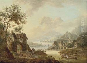 An Extensive Rhenish River Landscape With Figures Beside A Ruined Arch, Mountains Beyond