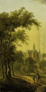 Reiter Am Waldrand Vor Einer Grosen Klosterkirche