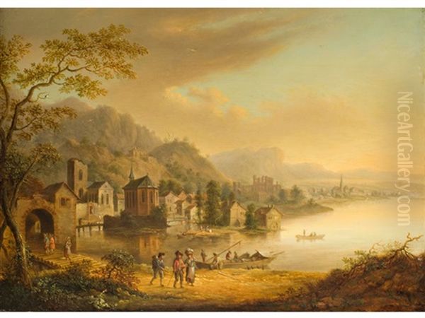 Flusslandschaft Mit Uferbebauung Und Ruine - view 1