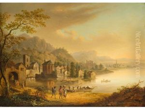 Flusslandschaft Mit Uferbebauung Und Ruine