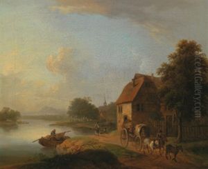 Flusslandschaft Mit Einem Pferdefuhrwerk Auf Der Uferstrase