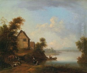 Flusslandschaft Mit Einer Viehherde Am Linken Ufer