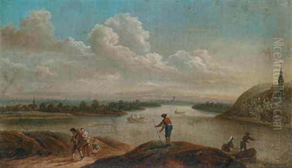 Weite Flusslandschaft Mit Booten Und Figuren - view 1
