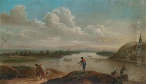 Weite Flusslandschaft Mit Booten Und Figuren Weite Flusslandschaft Mit Booten Und Figuren