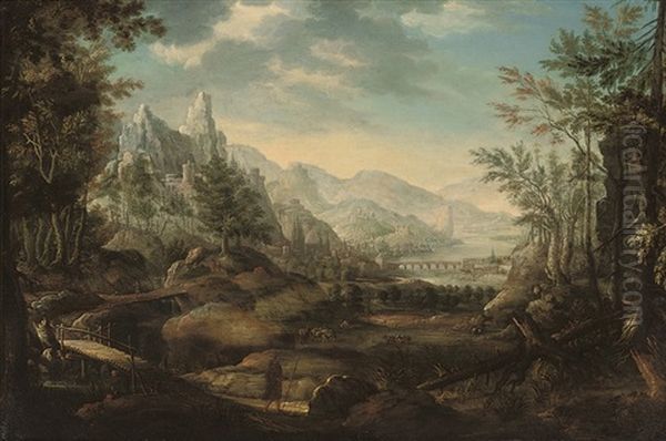 An Extensive Mountainous Landscape With A Traveller Crossing A Bridge - view 1