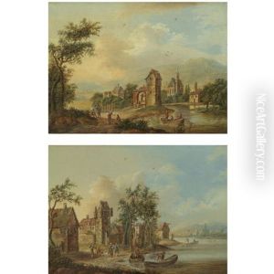 River Landscapes With Travellers On The Left Bank And Figures Boating (pair) River Landscapes With Travellers On The Left Bank And Figures Boating (pair)