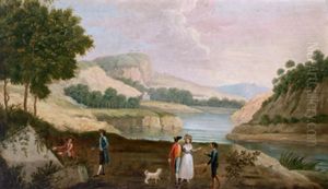 Gebirgige Flusslandschaft Mit Einem Eleganten Paar Und Anderen Figuren Gebirgige Flusslandschaft Mit Einem Eleganten Paar Und Anderen Figuren