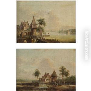 A River Landscape, A Village To The Left And A Bridge In The Foreground (+ A Landscape With A Mill And Peasants Fishing In The Foreground; Pair) by Christian Georg Schuetz the Younger