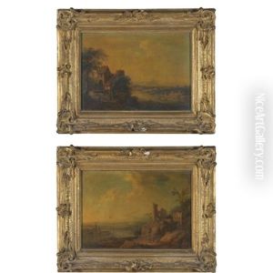 A Rhenish Landscape With A House And Figures Unloading Their Boat (+ A Rhenish Landscape With Ruins And Figures Conversing In The Foreground; Pair) by Christian Georg Schuetz the Younger