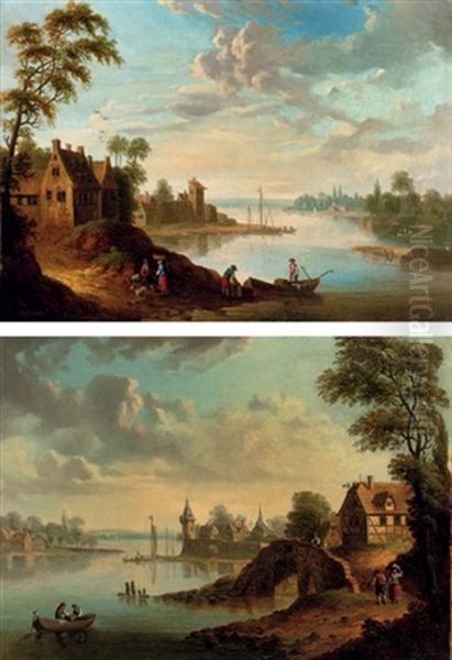 A River Landscape With A Village, Peasants At Work (+ A River Landscape With A Walled Town, Figures In A Boat And Travellers; Pair) - view 1