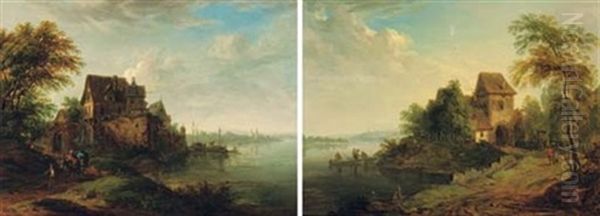A Wooded River Landscape With A Muleteer And Two Mules On A Track Outside A Hamlet (+ A Wooded River Landscape With Fishermen In Boats And Travellers On A Track; Pair) - view 1