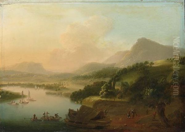 An Extensive River Landscape With Merchants Unloading Their Cargo, Travellers To The Foreground - view 1