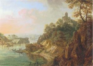 A Rhenish Landscape With Herdsmen On A Track Near A Castle, A Moored Fishing Boat Nearby And A Church In The Distance