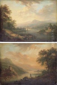Dawn: A Rhenish River Landscape With A Stevedore Loading A Boat (+ Dusk: A Rhenish River Landscape With Castle On A Hill; Pair)