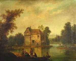 Fluslandschaft Mit Fischern Und Gehoft