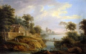 Flusslandschaft Mit Brucke Und Figurenstaffage Flusslandschaft Mit Brucke Und Figurenstaffage