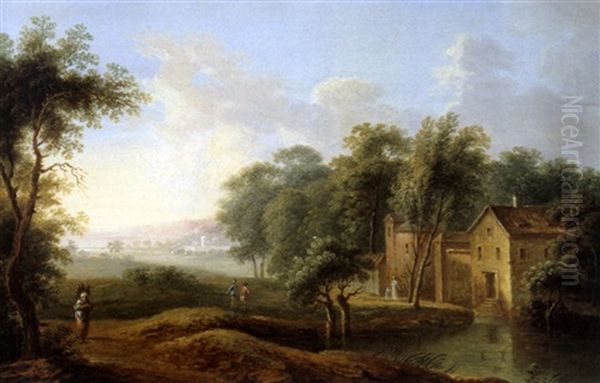 Flusslandschaft Mit Gebauden Und Figurenstaffage - view 1