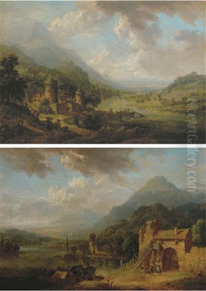 A Rhenish Landscape With Travellers On A Track, A Castle Beyond (+ A Rhenish Landscape With Figures Conversing By Town Gate, Shipping Nearby; Pair) - view 1