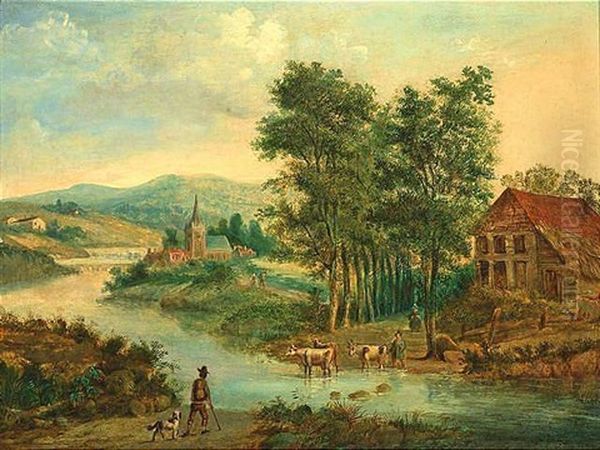 Hugelige Fluslandschaft Mit Einer Furt Und Kuhen - view 1