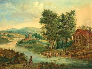 Hugelige Fluslandschaft Mit Einer Furt Und Kuhen