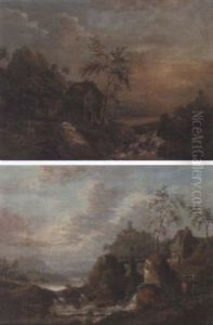 A Rheinish River Landscape With Figures Crossing A Bridge Over A Waterfall, A Hilltop Castle Beyond