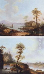A River Landscape With Fishermen Beside A Weir, A Church Beyond