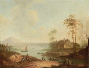 Rhenish River Landscape With Fishermen On A Bank And Figures Resting In The Foreground