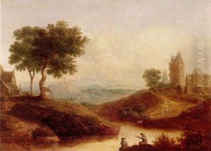 A River Landscape With Figures Fishing Before A Castle