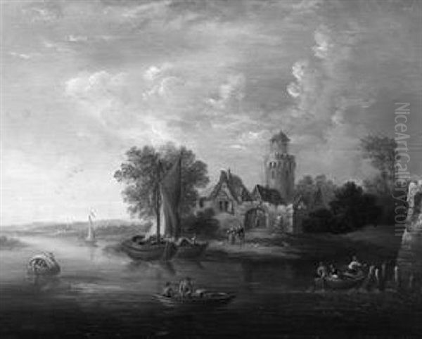 Romantische Rheinlandschaft Mit Boots- Und Figurenstaffage Vor Fischerhausern Am Ufer - view 1