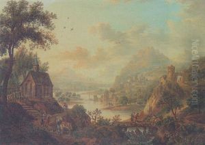 A River Landscape With Travellers On A Bridge