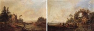 Rheinland River Landscape With Pine Trees And Travellers By A River With Ducks by Christian Georg Schuetz the Younger