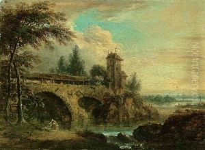 River Landscape With A Lady Bathing Near A Bridge And Some Buildings River Landscape With A Lady Bathing Near A Bridge And Some Buildings
