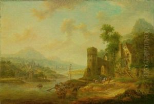 Phantastische Rheinlandschaft Mit Turm Und Bauernhauser An Einem Ufer