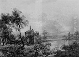 An Evening Landscape With Travellers Resting On A Path, A Castle Beside A River Beyond