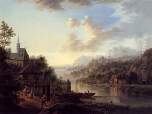 A Rhenish Landscape With Women Washing Laundry, A Village Church Steeple Beyond