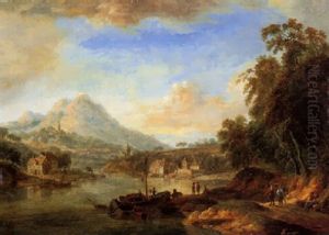Weite Flusslandschaft Mit Booten Und Wanderern
