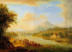 Flusslandschaft Mit Booten Und Wanderern