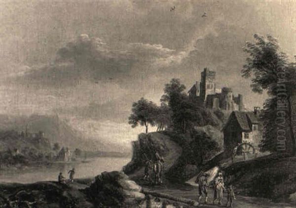 Fluslandschaft Mit Burg Und Wassermuhle - view 1